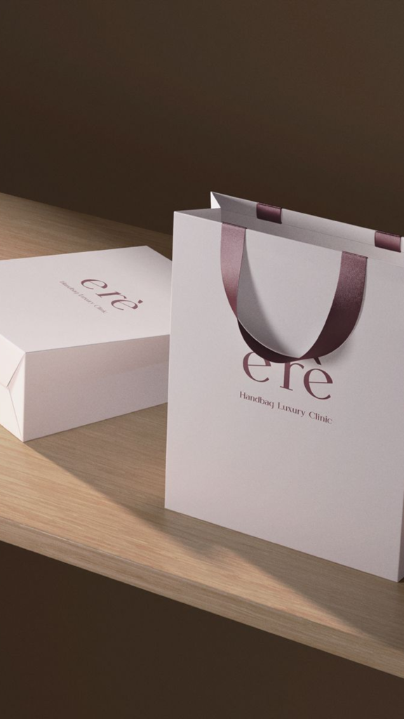 Erè Handbag Luxury Clinic – branded shopping bag and box packaging design by Dweb Studio