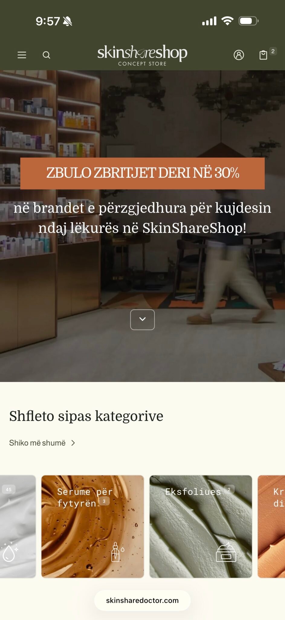 SkinShare Shop – mobile homepage of the Shopify store